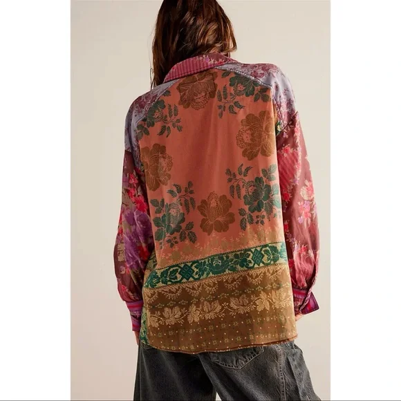 Free People We The Free Patchwork Floral Button Down Blouse Boho Cottagecore  XS - Picture 7 of 14